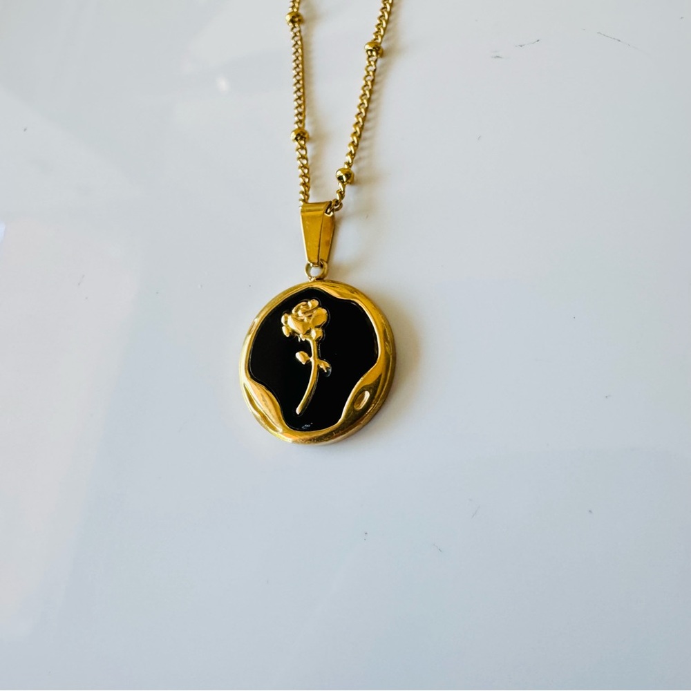 Gold and Black Enamel Pendant Necklace